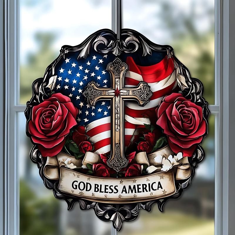 God Bless America Patriotic Cross Window Hanging