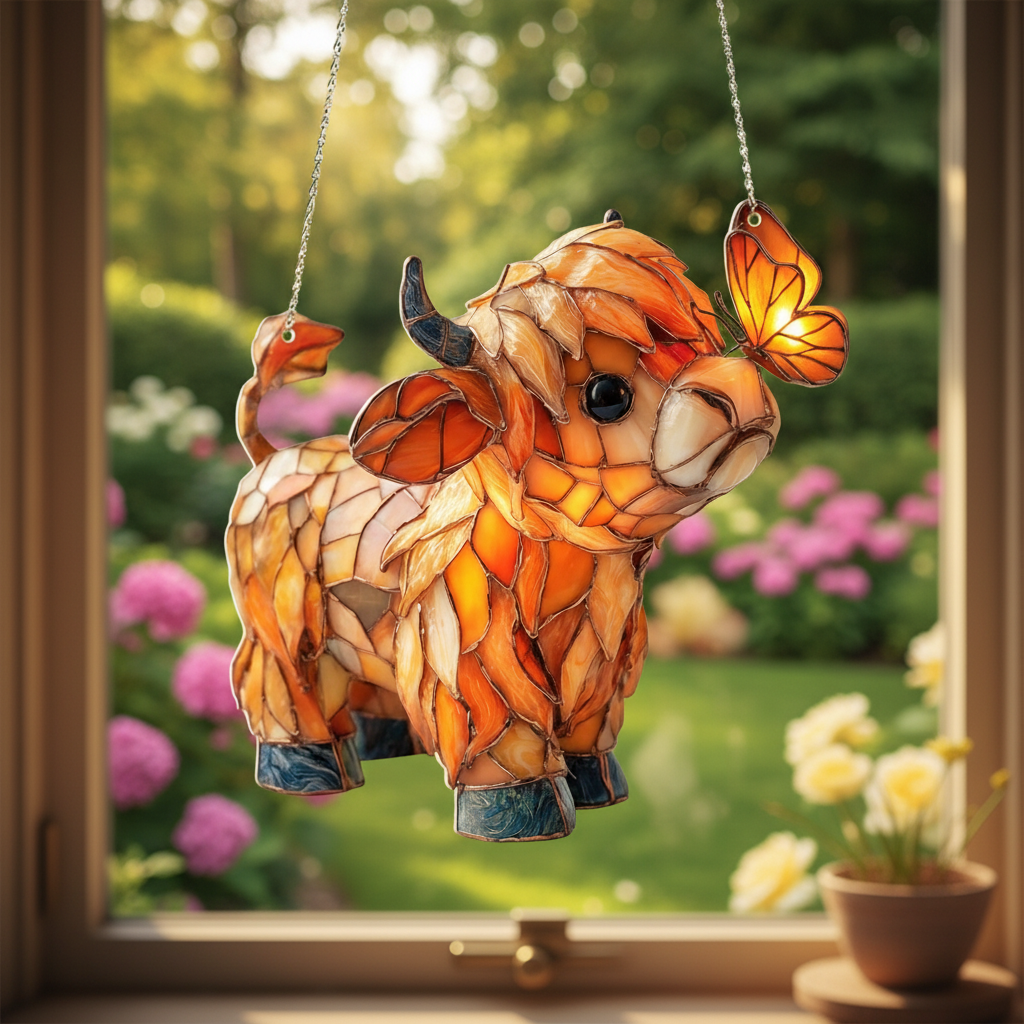 Highland Cow Butterfly Suncatcher | Stained Glass Style Window Hanging