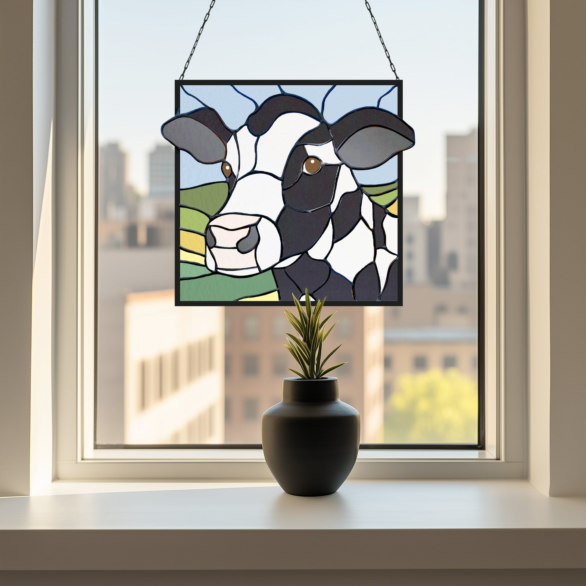 Handcrafted Cow Stained Glass Hanging Panel