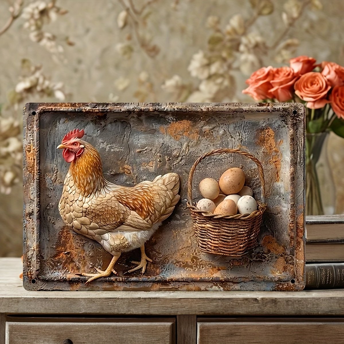 Vintage-Metallschild „Hähnchen & frische Eier“
