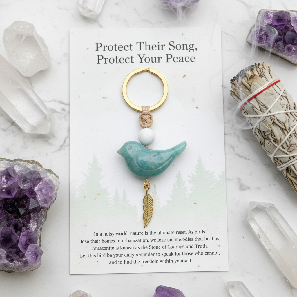 Song of Nature: Amazonite Bird Keychain for Peace & Courage