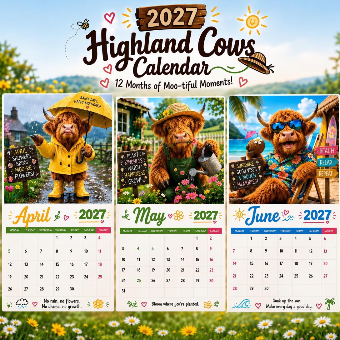 2027 Funny Highland Cows Wall Calendar | A4 Hanging Calendar