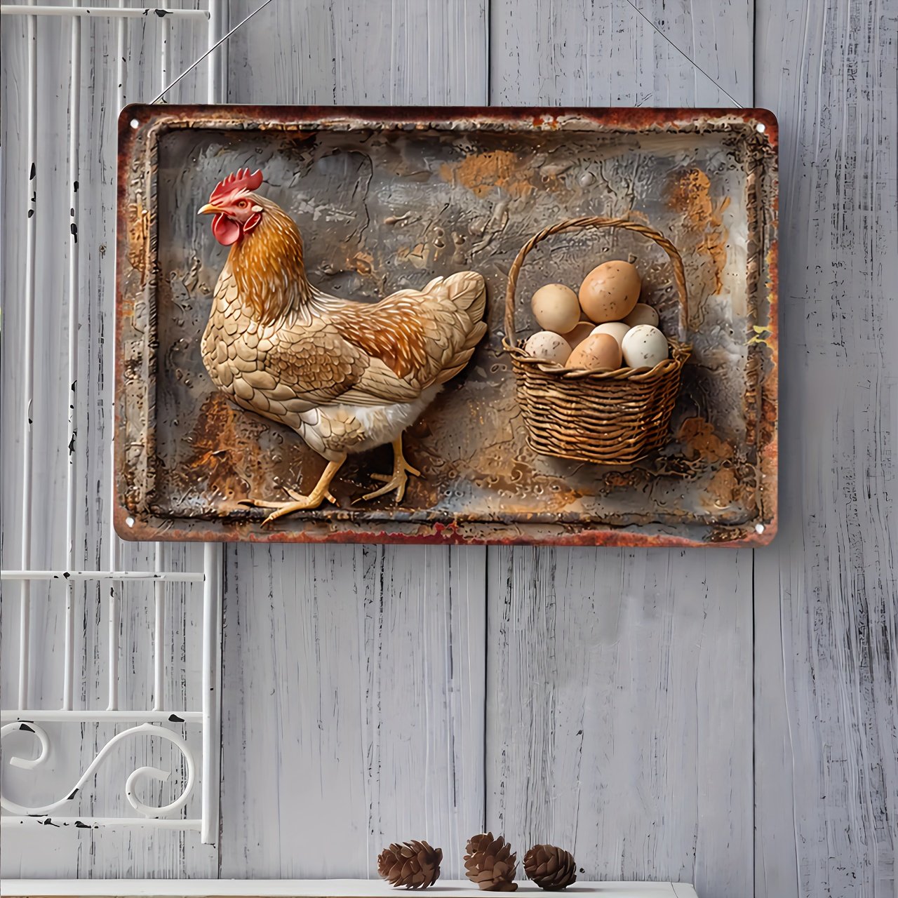 Vintage-Metallschild „Hähnchen & frische Eier“
