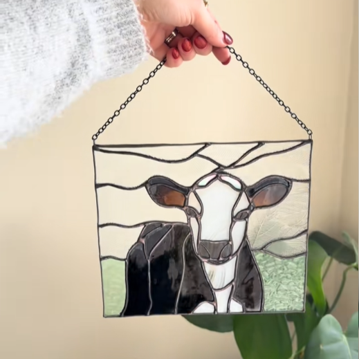 Handcrafted Cow Stained Glass Hanging Panel