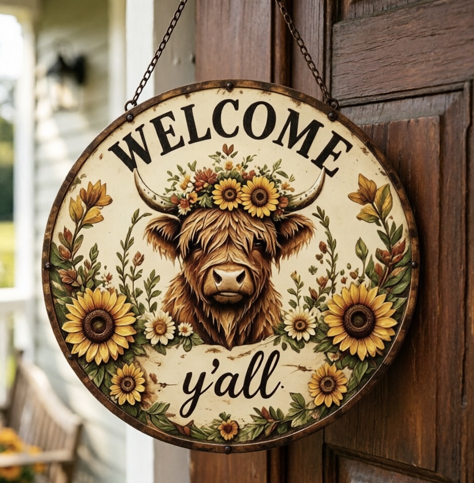 🌻 Highland Cow Sunflower Metal Welcome Sign​