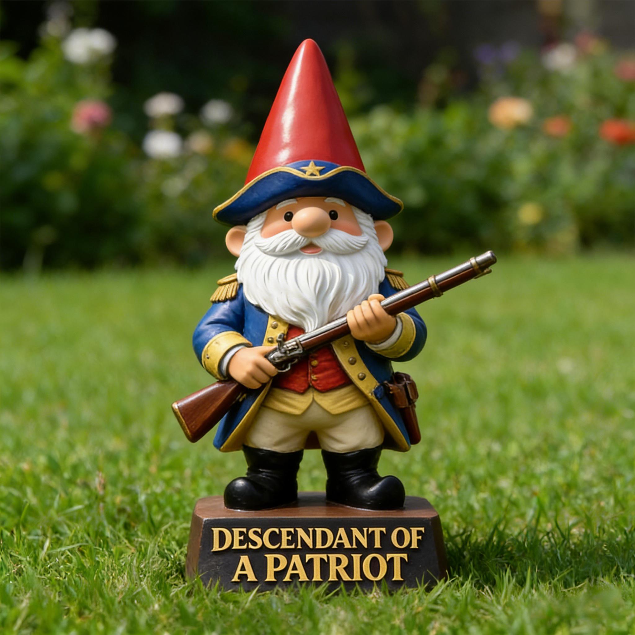 🇺🇸 Patriotic Gnome Statue – “Descendant of a Patriot” Decorative Figurine