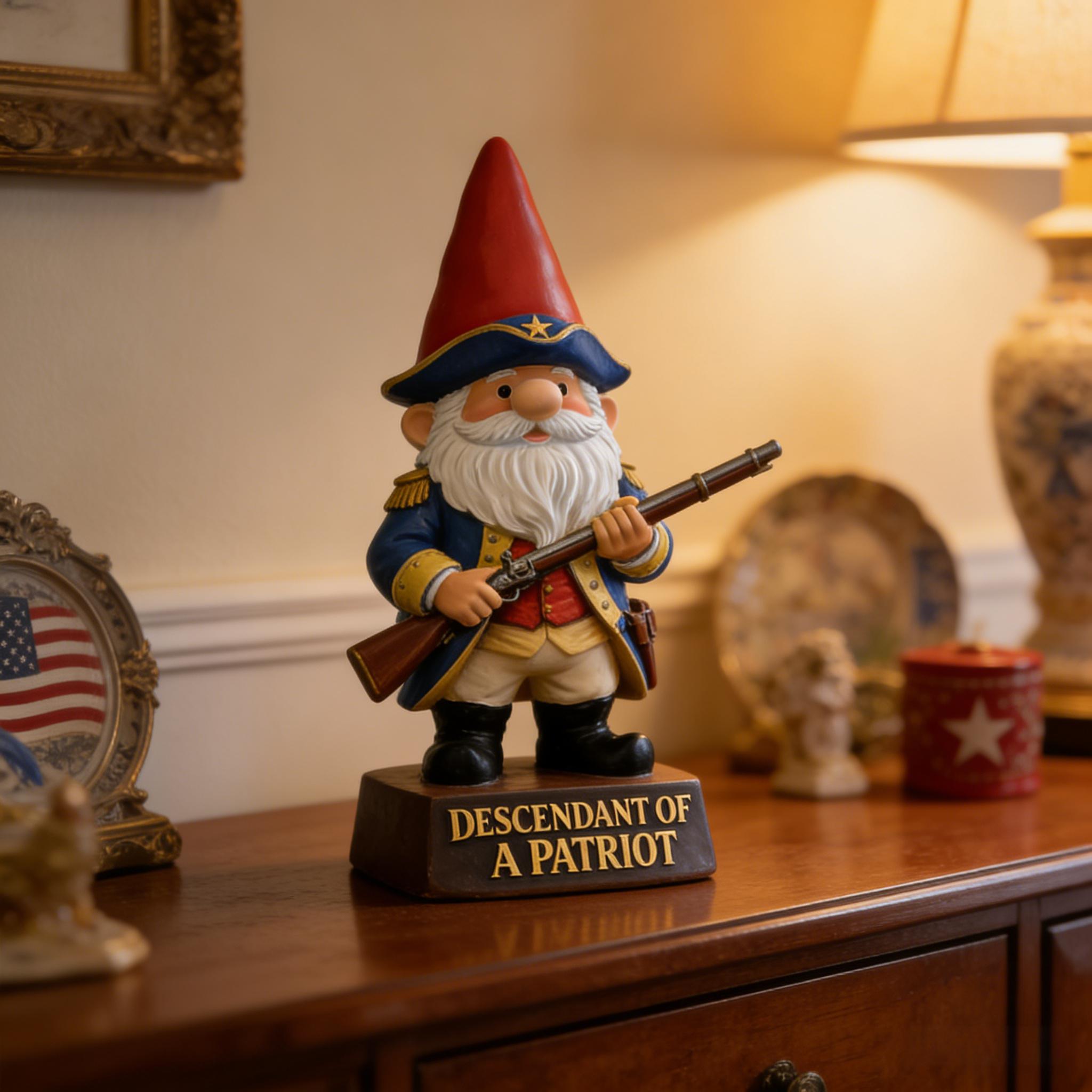 🇺🇸 Patriotic Gnome Statue – “Descendant of a Patriot” Decorative Figurine