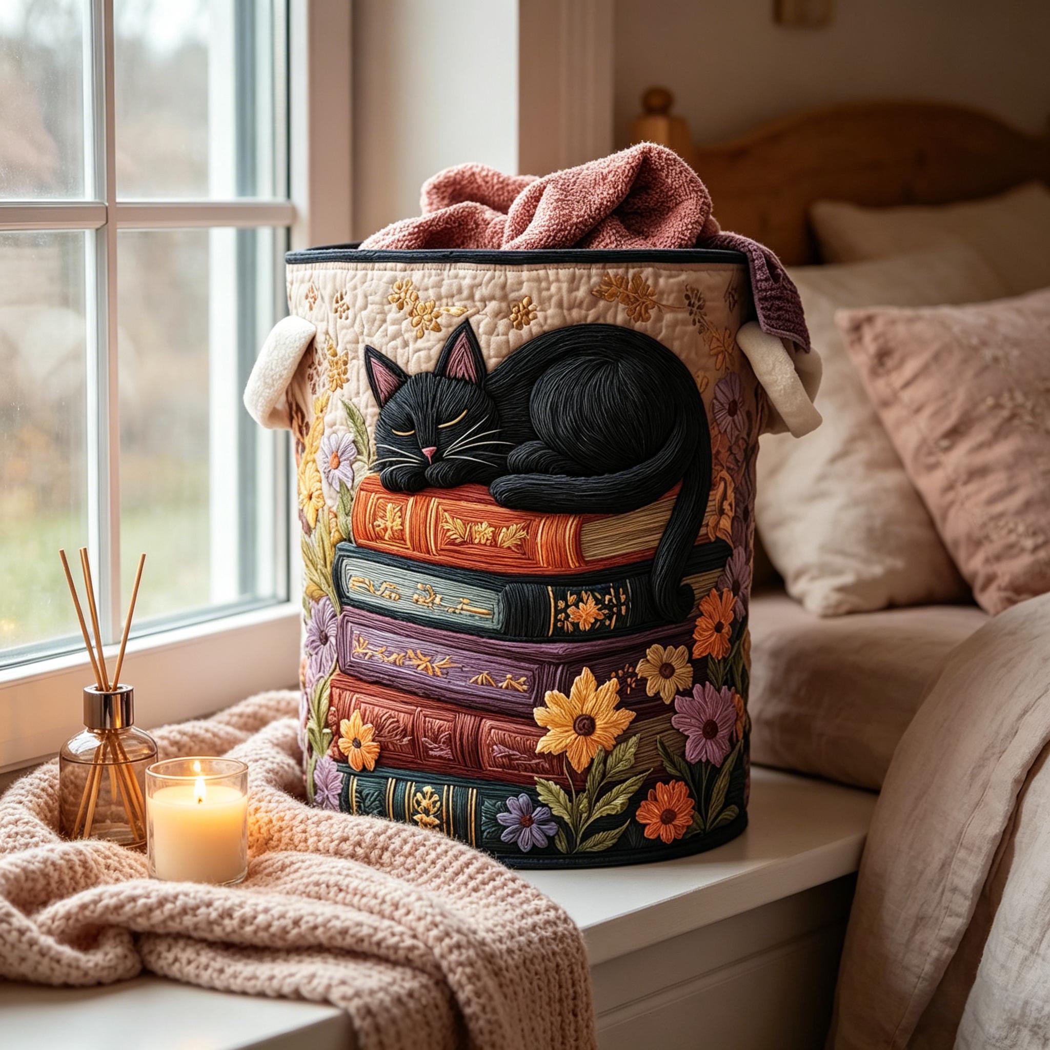 Bookish Cat Quilted Laundry Basket