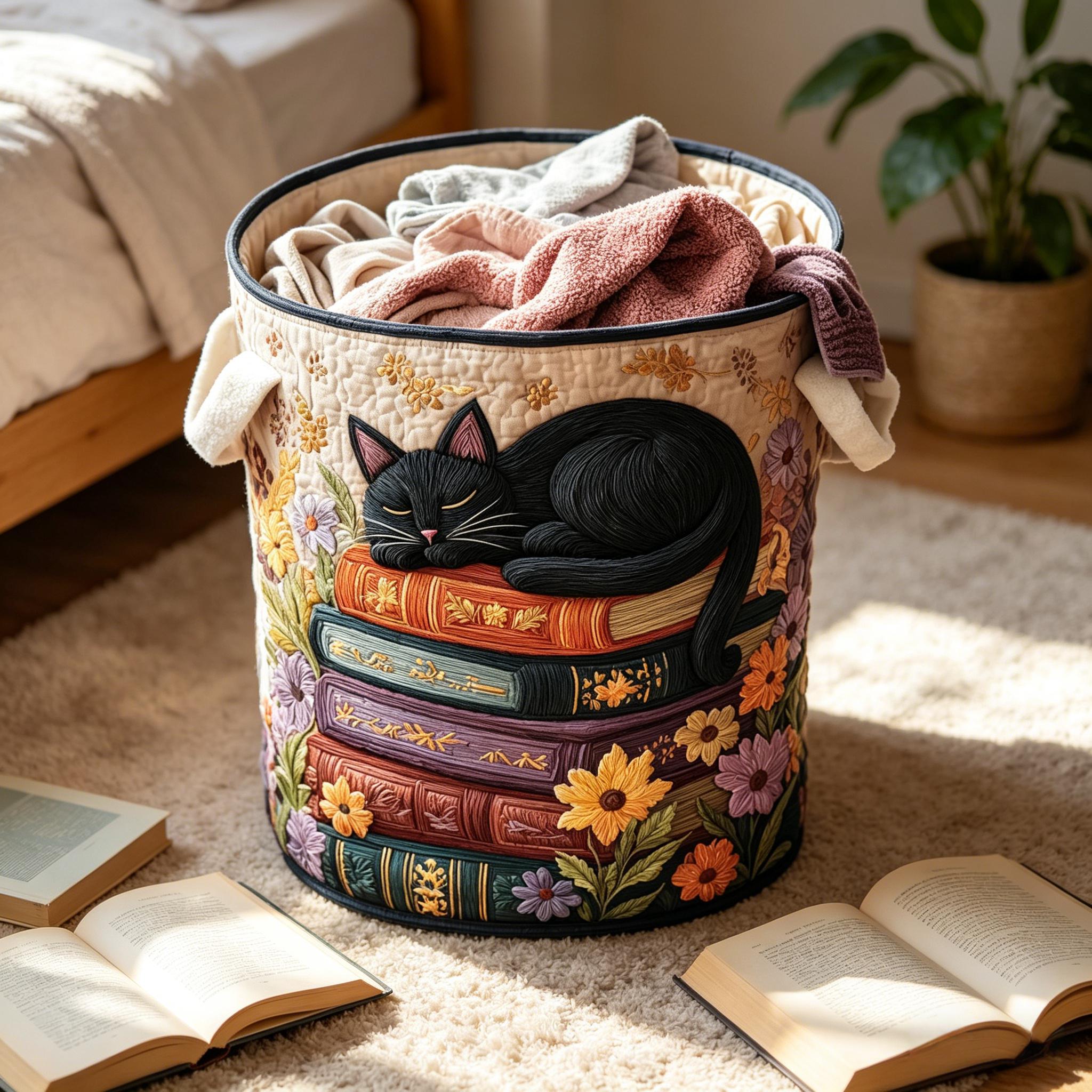 Bookish Cat Quilted Laundry Basket