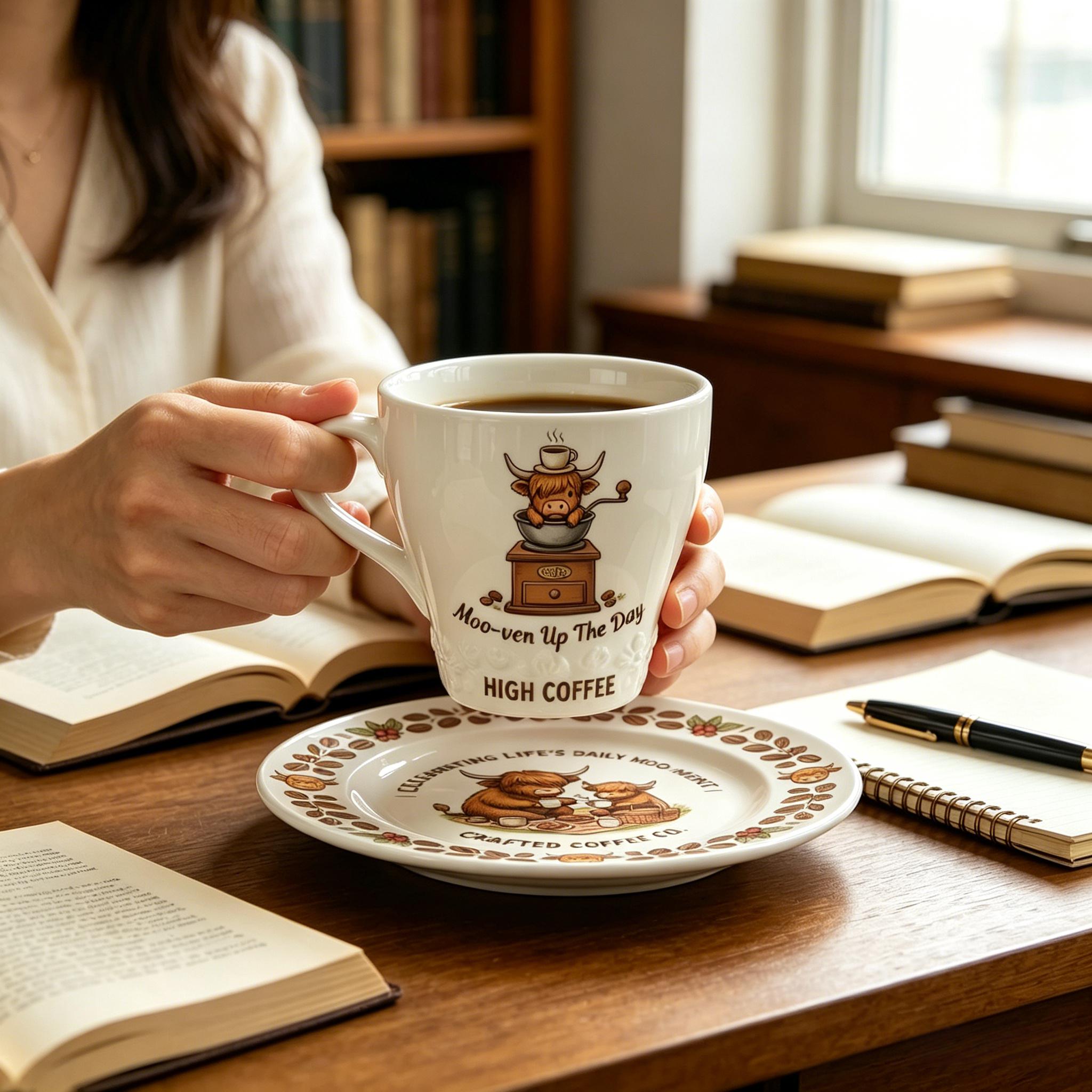 🐮☕ Highland Cow Coffee Mug & Plate Set
