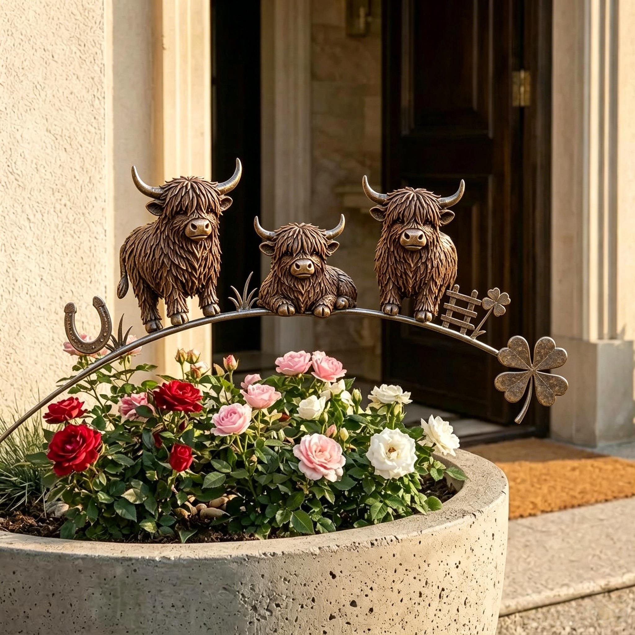 🐂🌿Highland Cow Family Garden Stake – Charming Rustic Farmyard Garden Décor