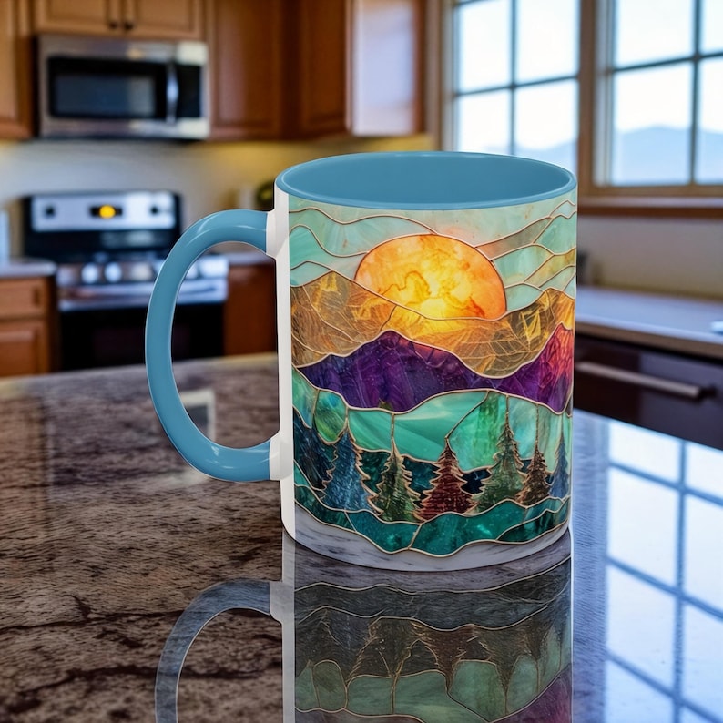 🌄 Stained Glass Sunset Mountain Mug