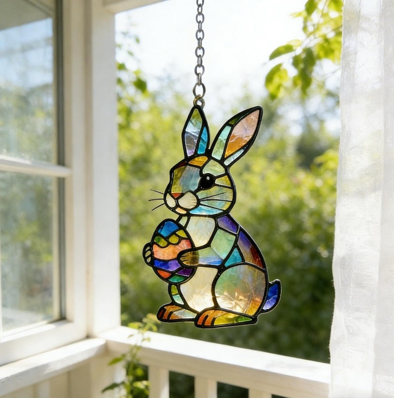 Hand-Painted Bunny Egg Suncatcher Stained Glass Easter Rabbit Ornament Birthday Gift