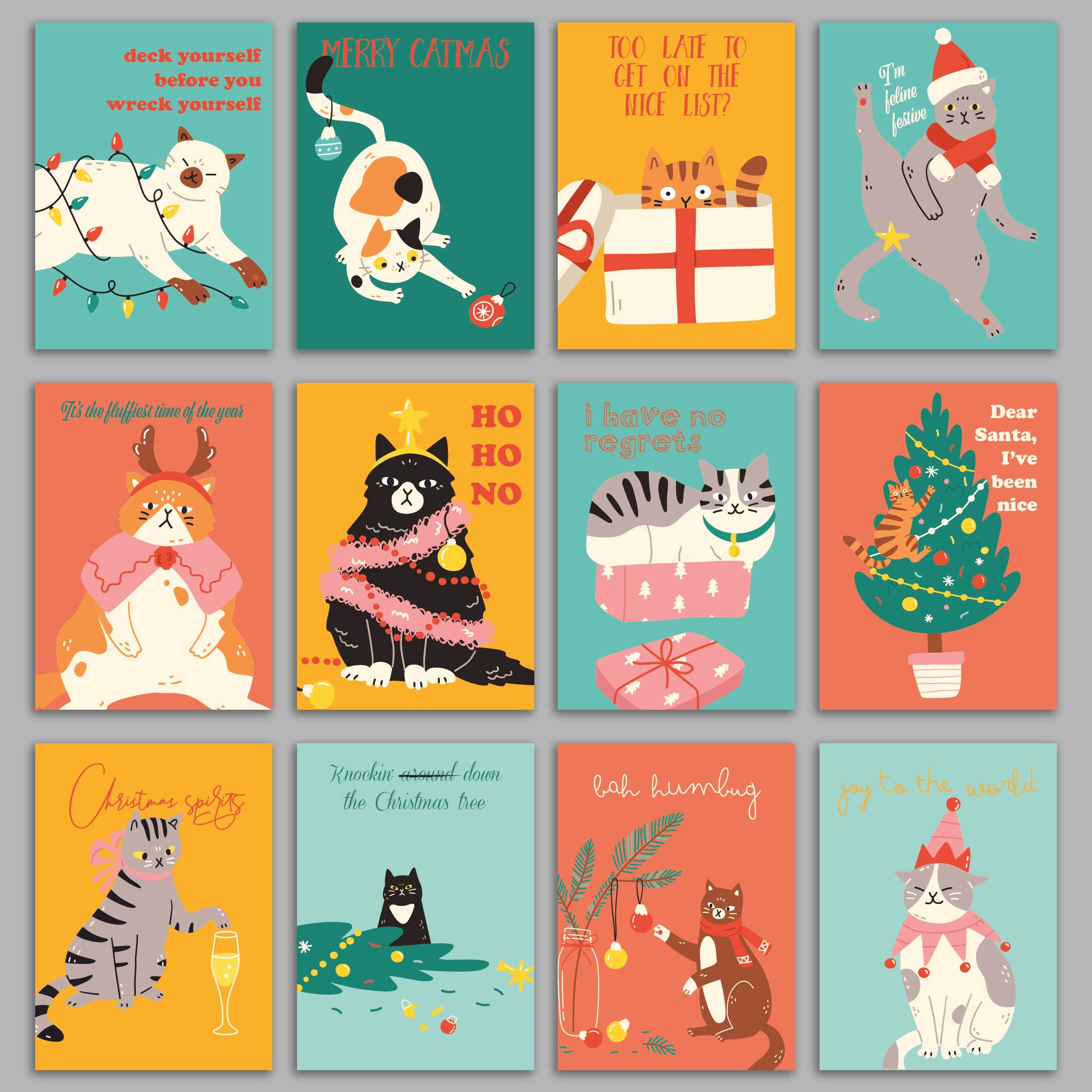 Funny Colorful Cat Christmas Card（24 pcs ）