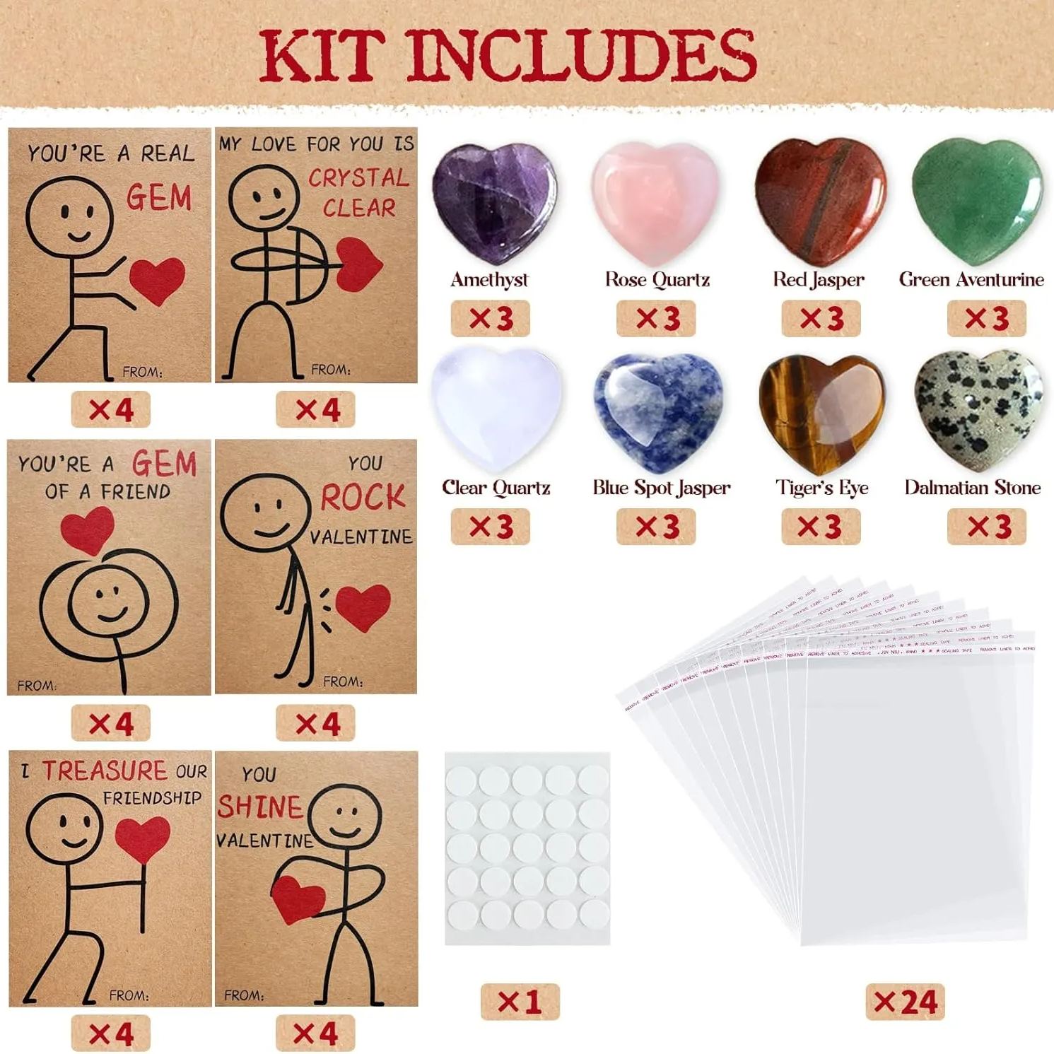 💖Valentines Day Gifts for Kids - 24 Pack Valentines Cards with Heart-Shape Crystals