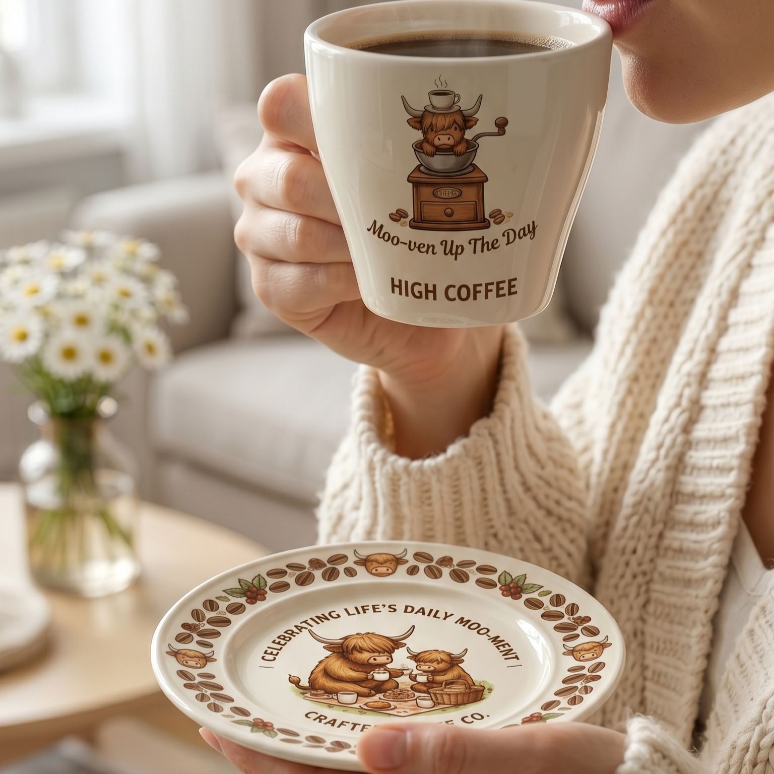 🐮☕ Highland Cow Coffee Mug & Plate Set