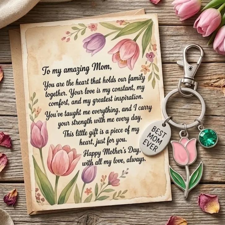 💐 "To My Amazing Mom" Tulip Birthstone Keychain