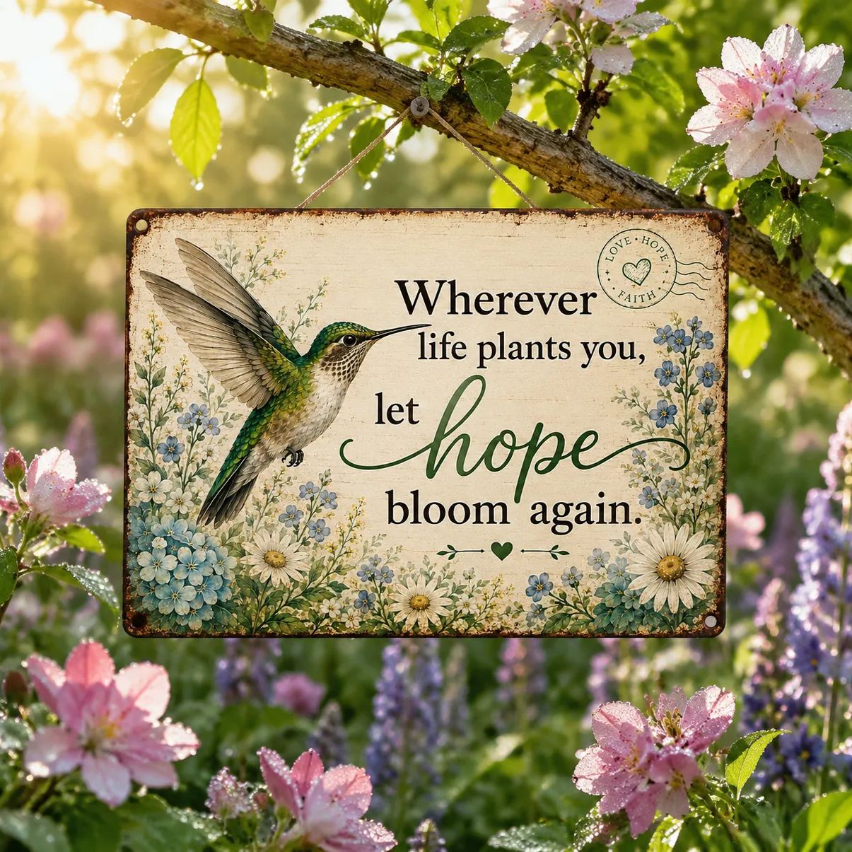 🌿 Hope Bloom Again Hummingbird Garden Sign