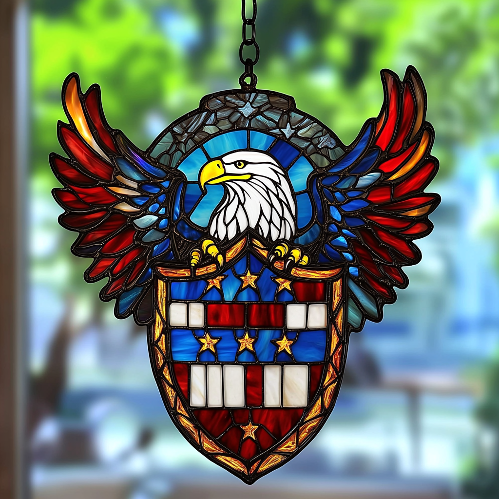 American Eagle & Flag Stained Glass-Style Window Hanging