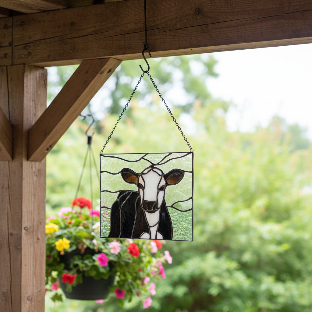 Handcrafted Cow Stained Glass Hanging Panel