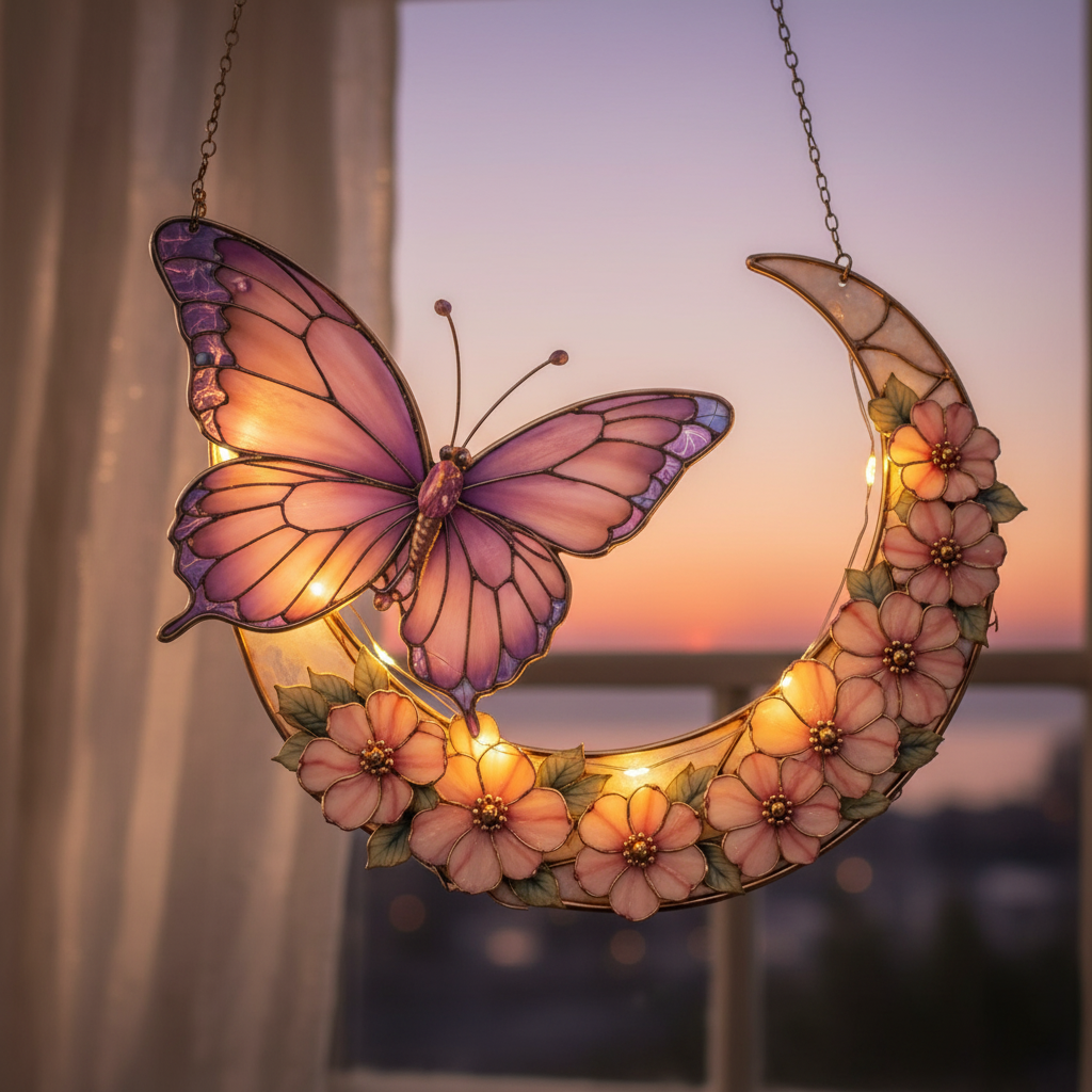 Moonlight Butterfly Stained Glass Hanging Ornament