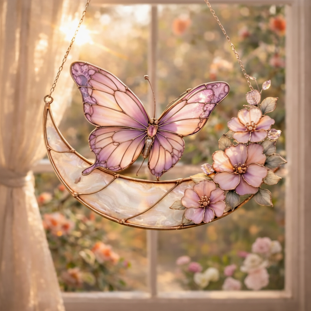 Moonlight Butterfly Stained Glass Hanging Ornament