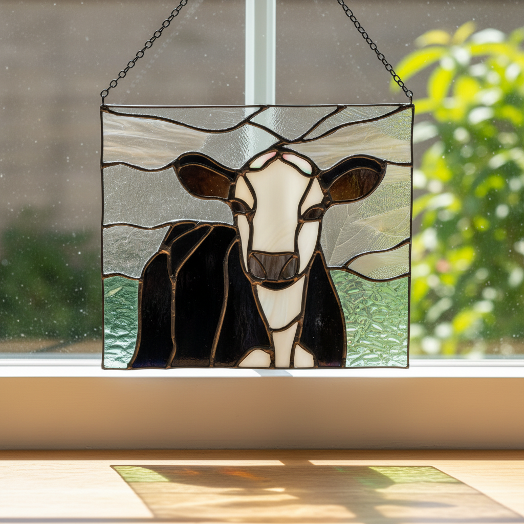 Handcrafted Cow Stained Glass Hanging Panel
