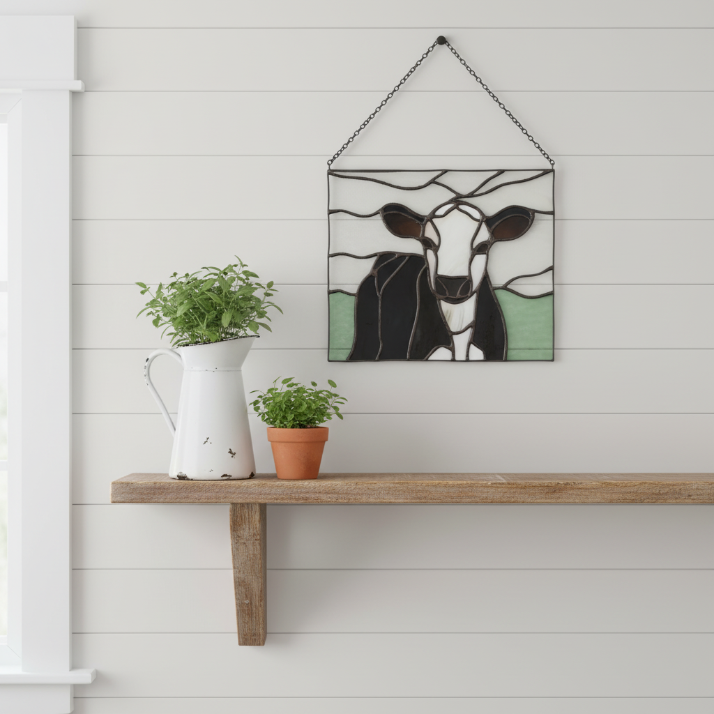 Handcrafted Cow Stained Glass Hanging Panel