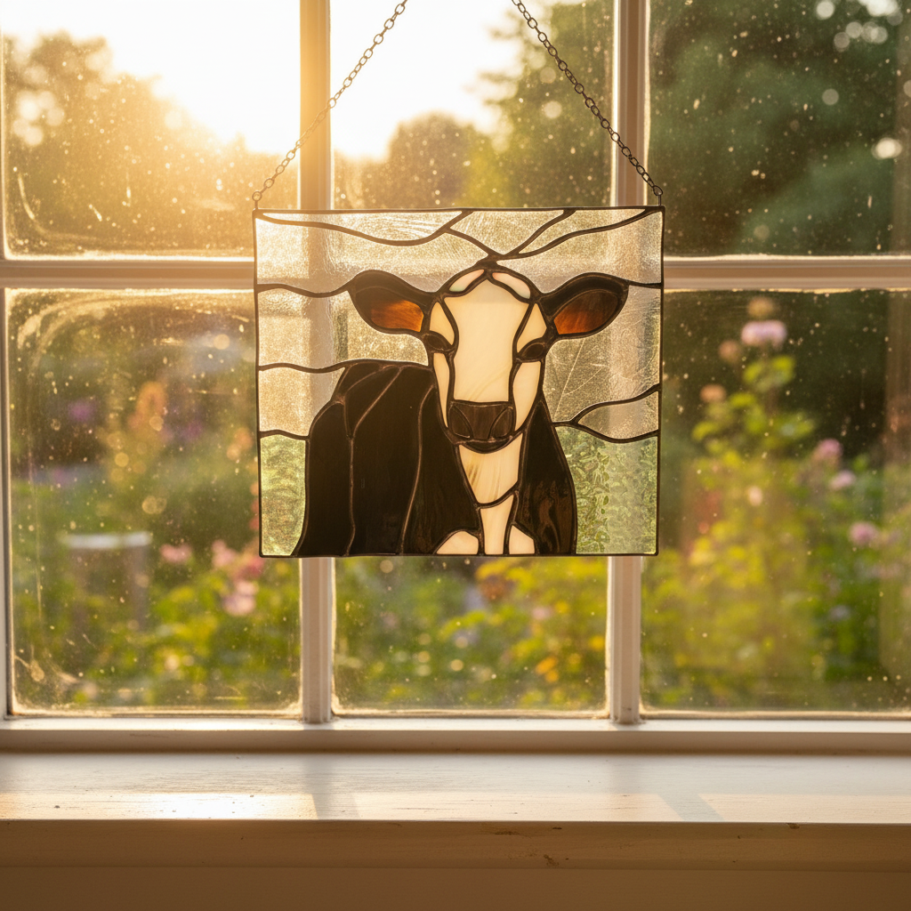 Handcrafted Cow Stained Glass Hanging Panel
