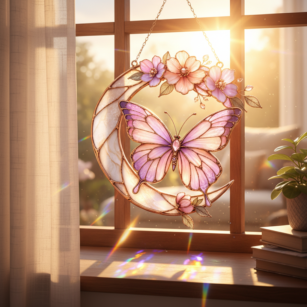 Moonlight Butterfly Stained Glass Hanging Ornament