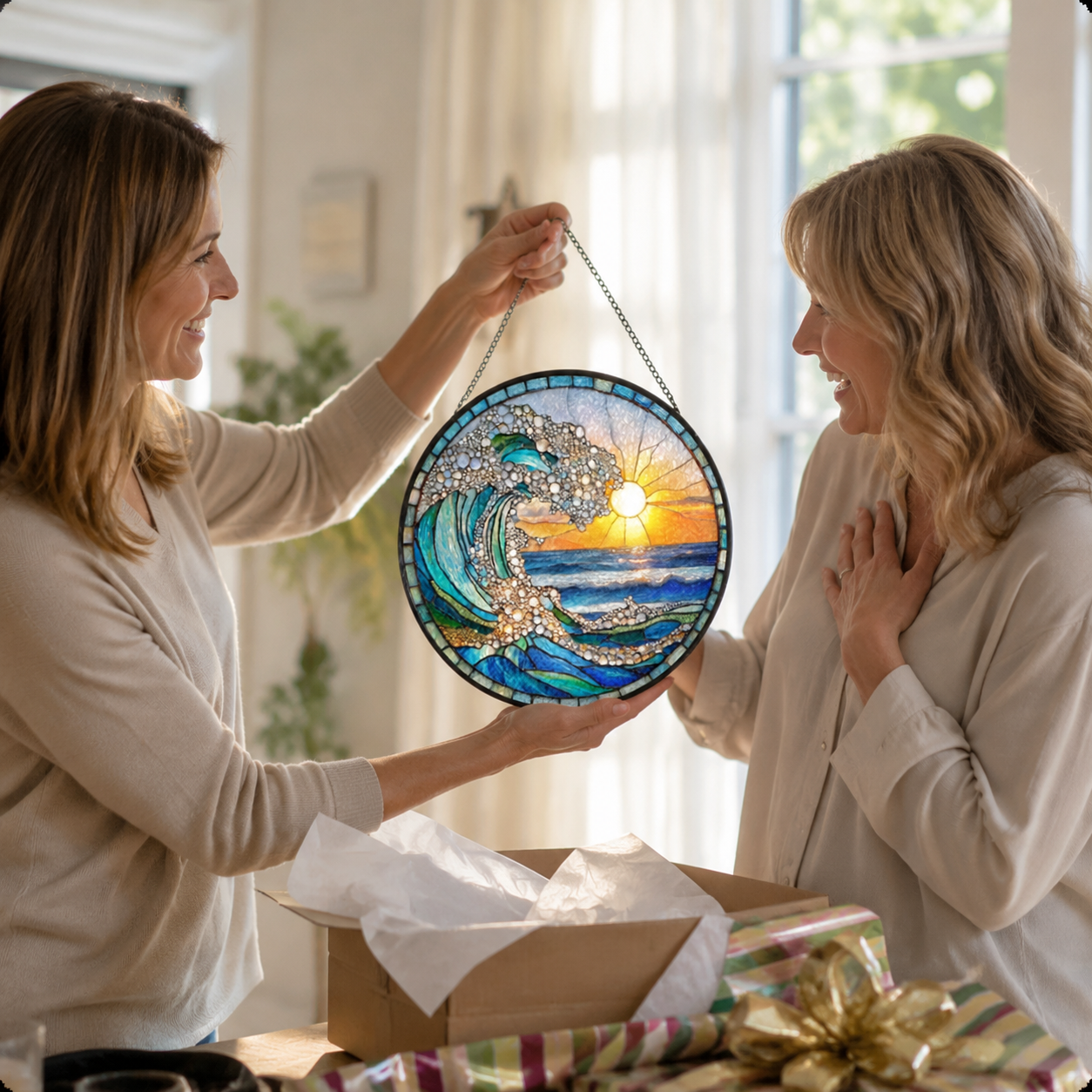 Ocean Wave Sunrise Round Glass Suncatcher