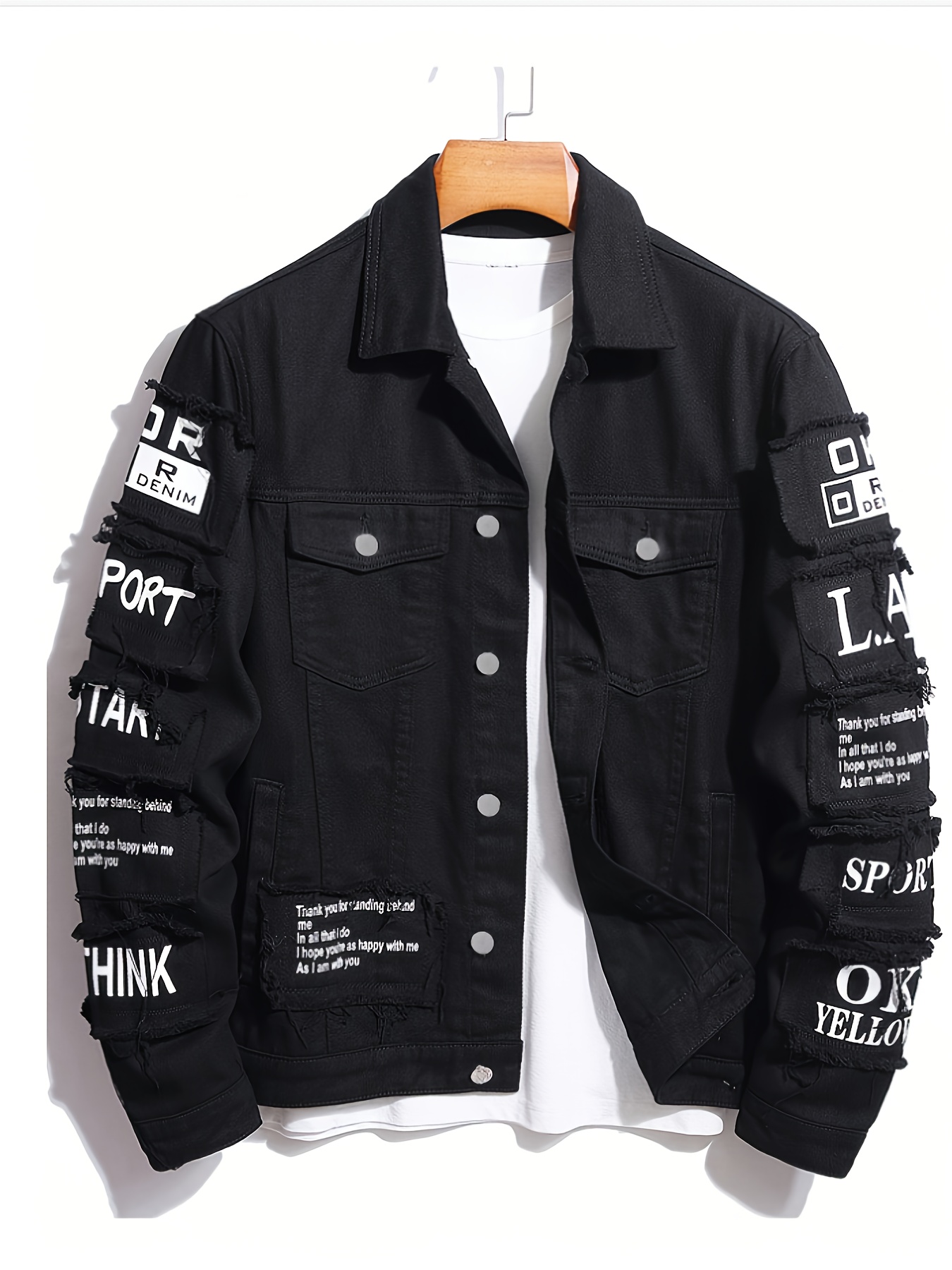 Black Distressed Denim Jacket with "CHOOSE TO BE KIND" Graphic