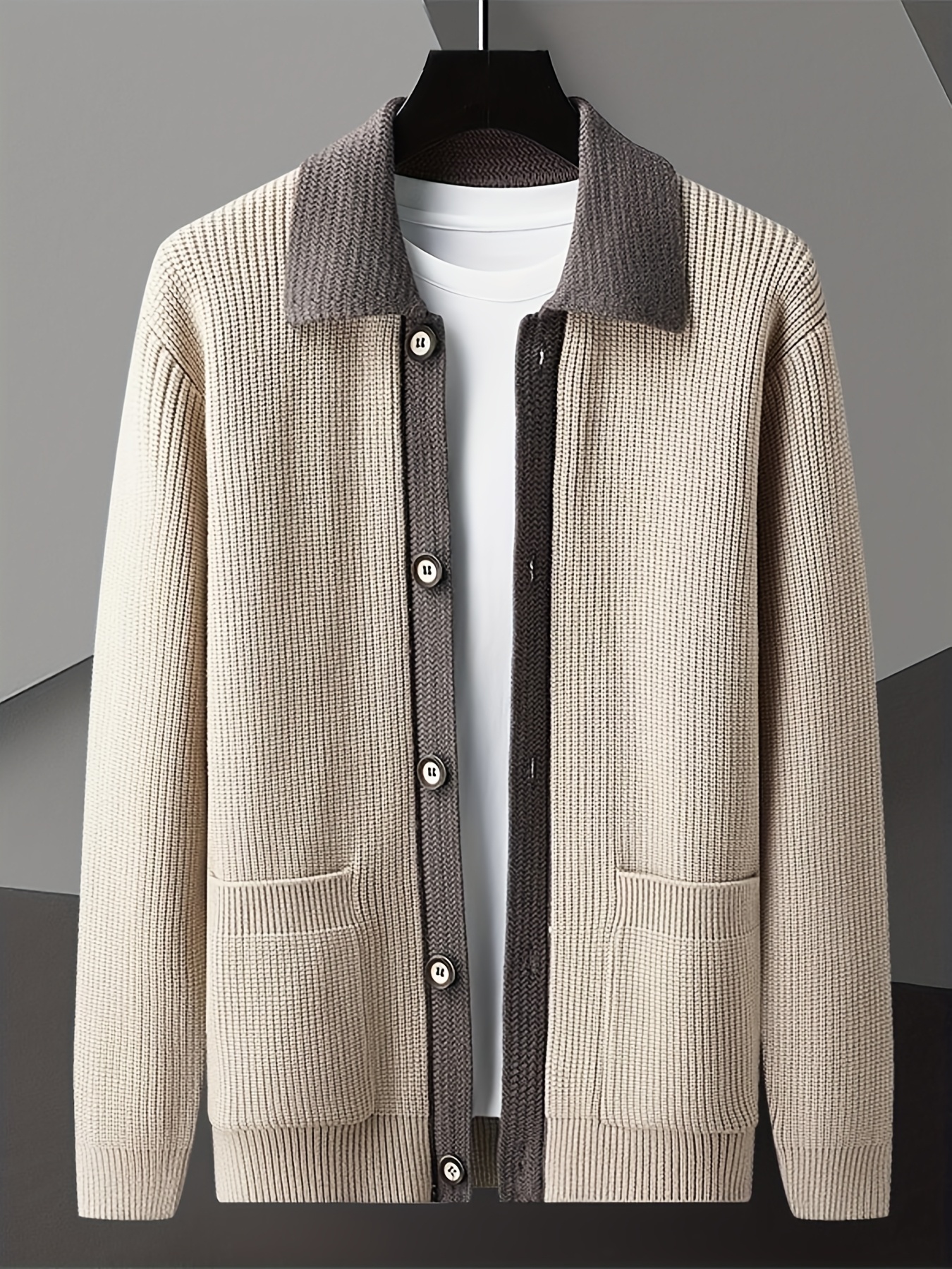 Beige & Grey Contrast Collar Waffle-Knit Cardigan