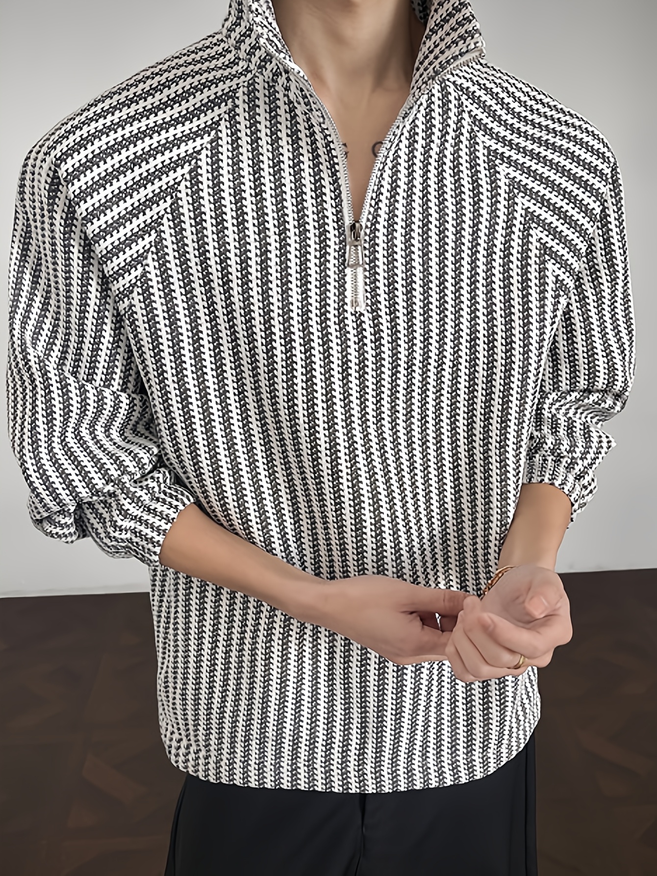 Black & White Houndstooth Half-Zip High-Neck Pullover