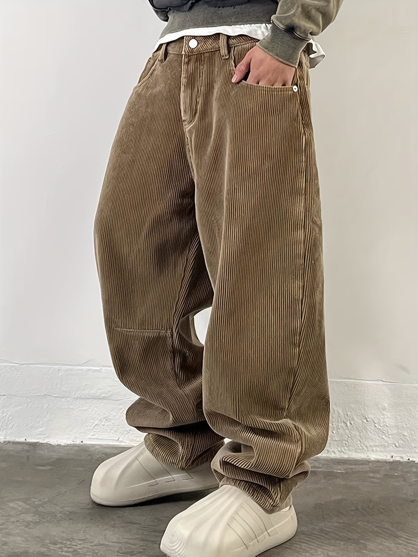 Khaki Thick Corduroy Baggy Wide-Leg Pants
