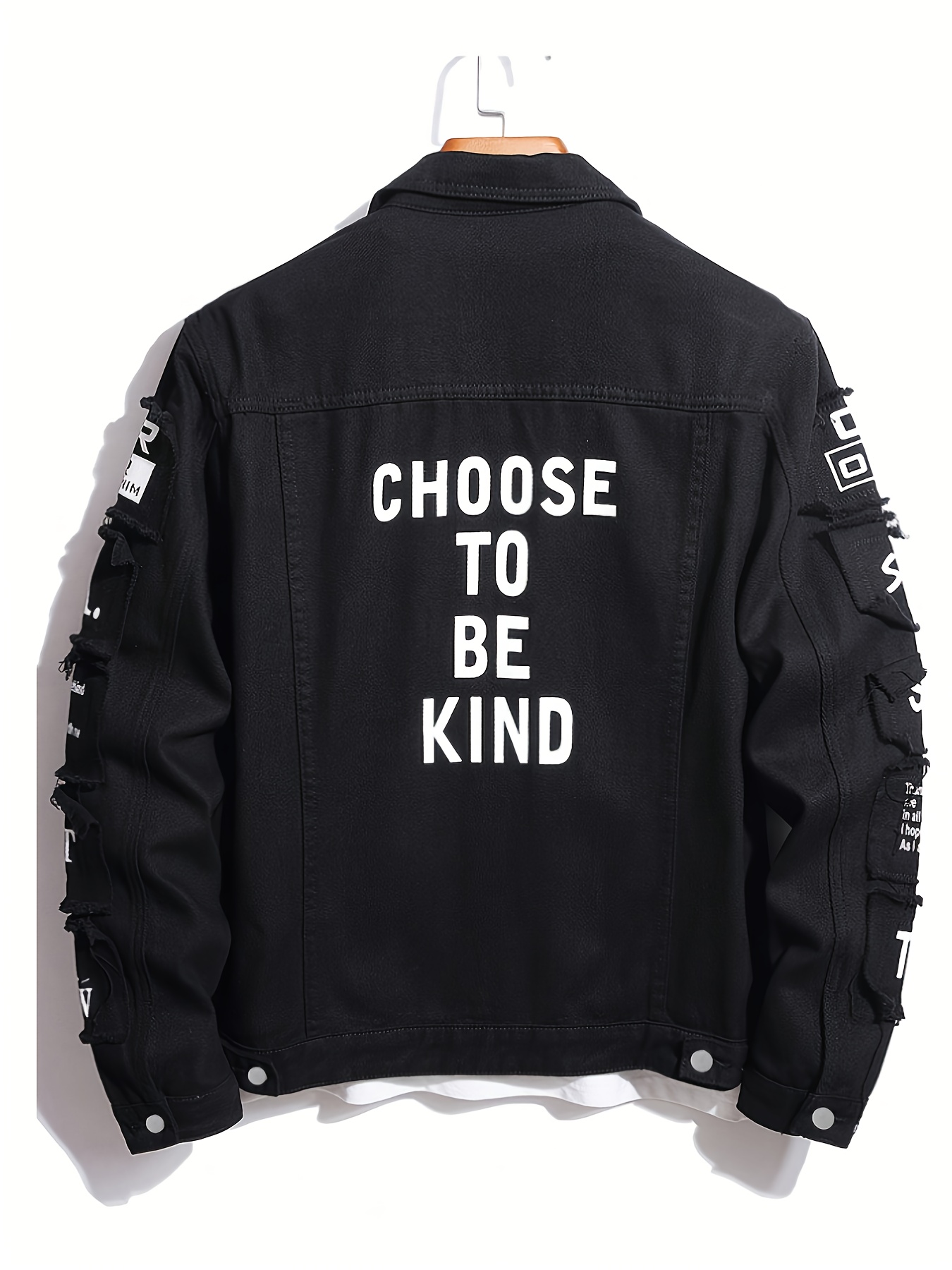 Black Distressed Denim Jacket with "CHOOSE TO BE KIND" Graphic