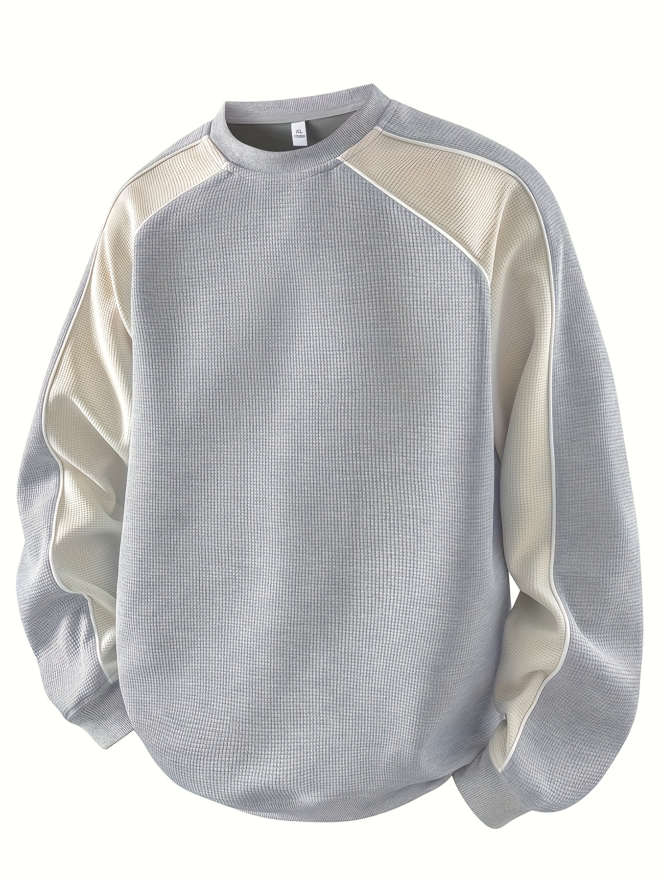 Grey & Beige Waffle-Knit Color Block Crewneck Sweatshirt