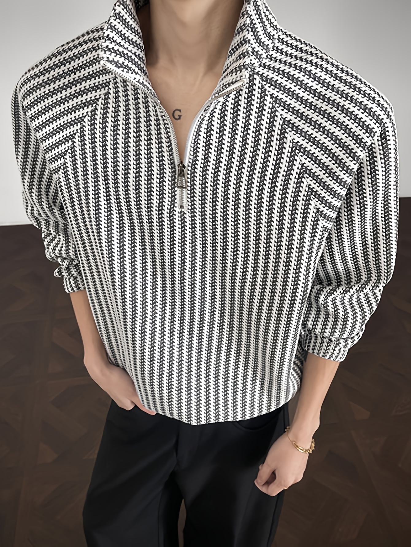 Black & White Houndstooth Half-Zip High-Neck Pullover