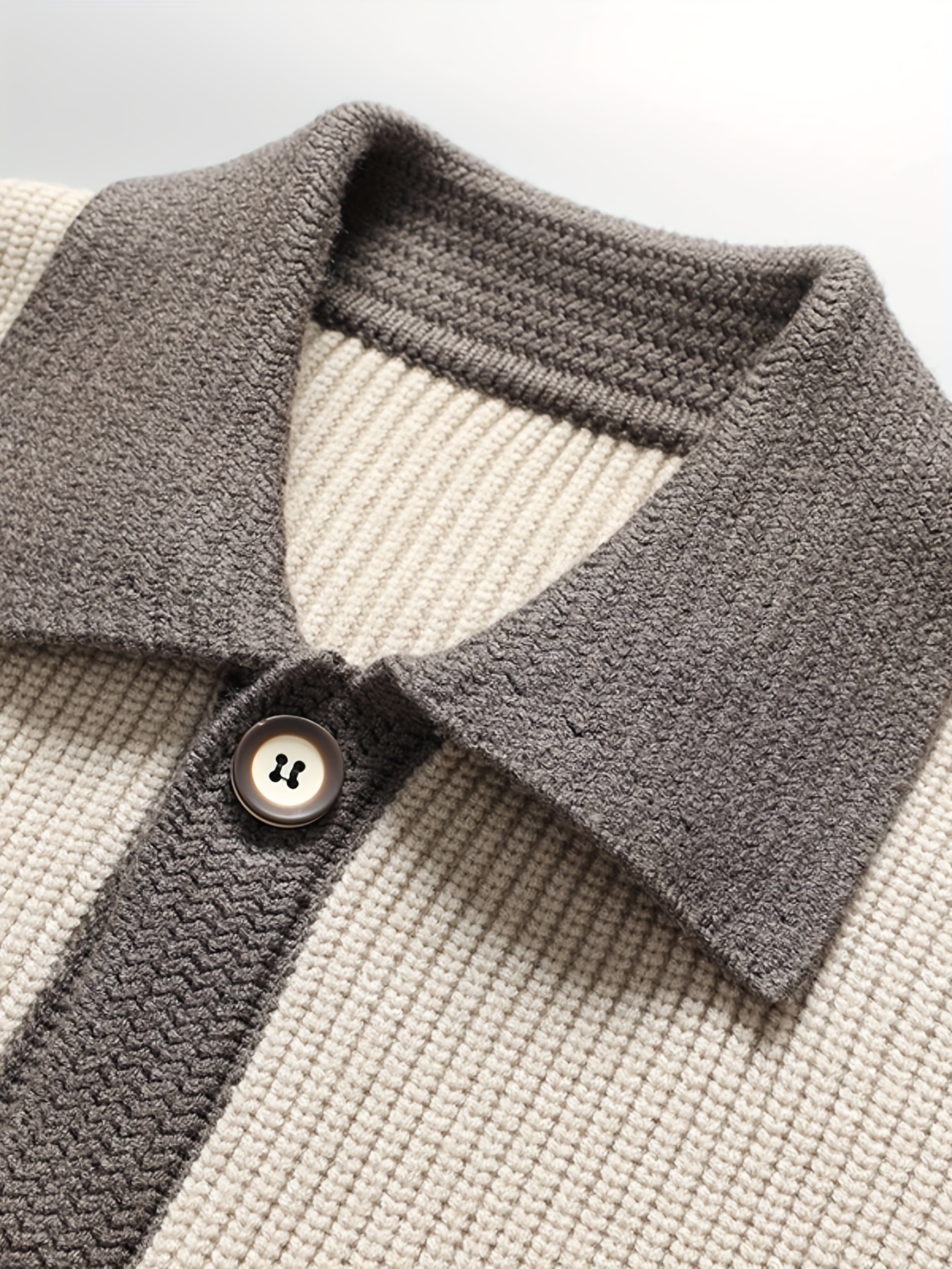 Beige & Grey Contrast Collar Waffle-Knit Cardigan