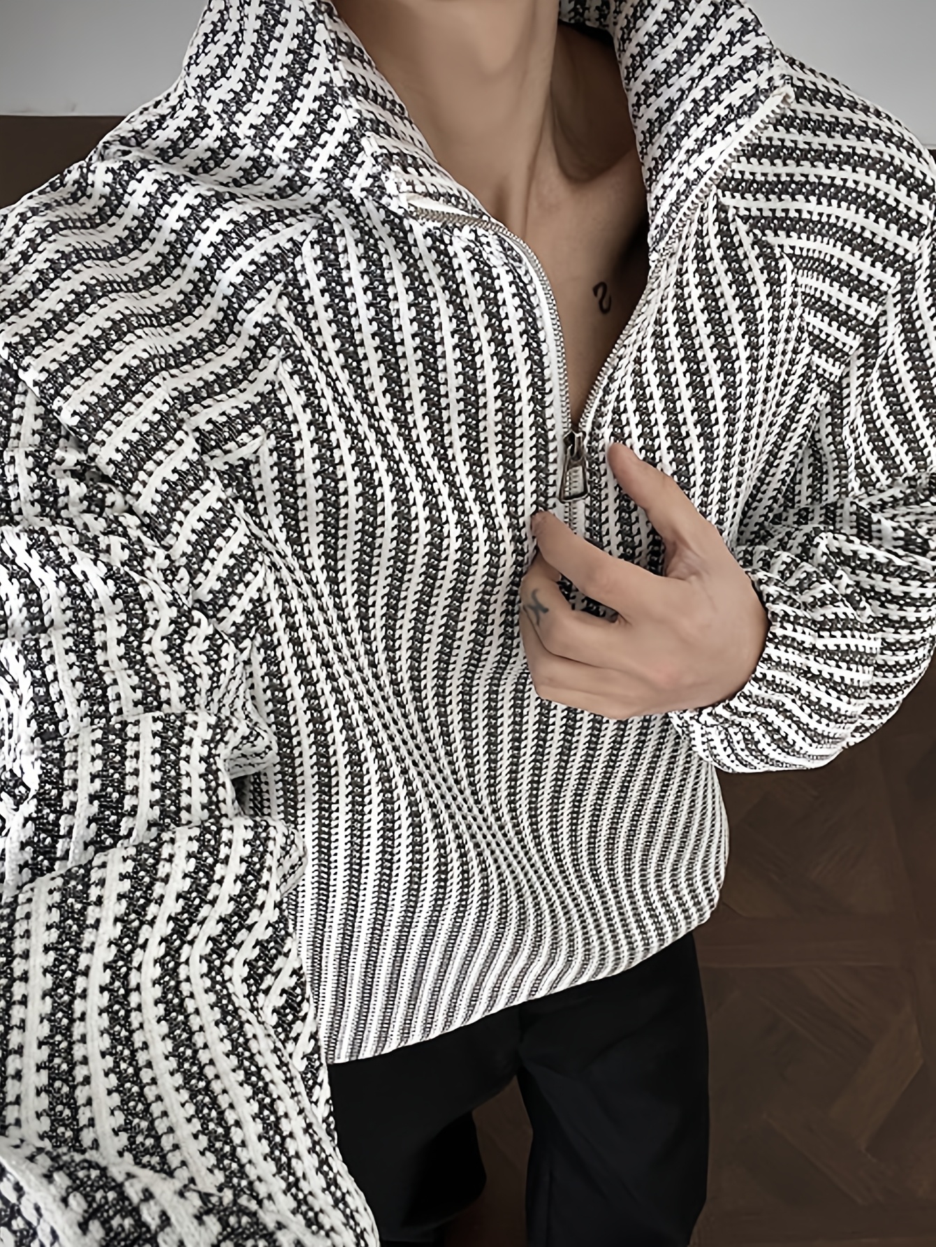 Black & White Houndstooth Half-Zip High-Neck Pullover