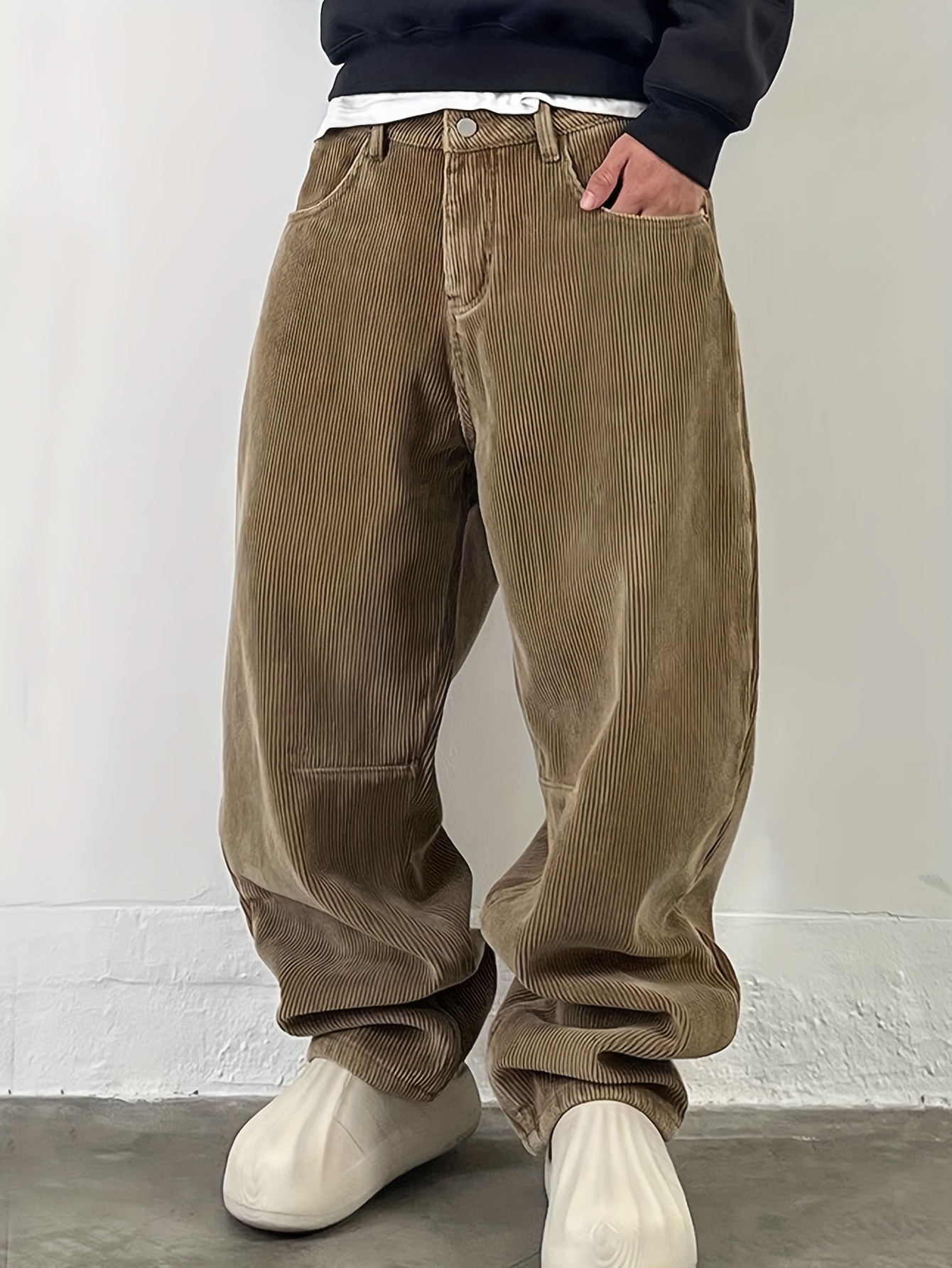 Khaki Thick Corduroy Baggy Wide-Leg Pants