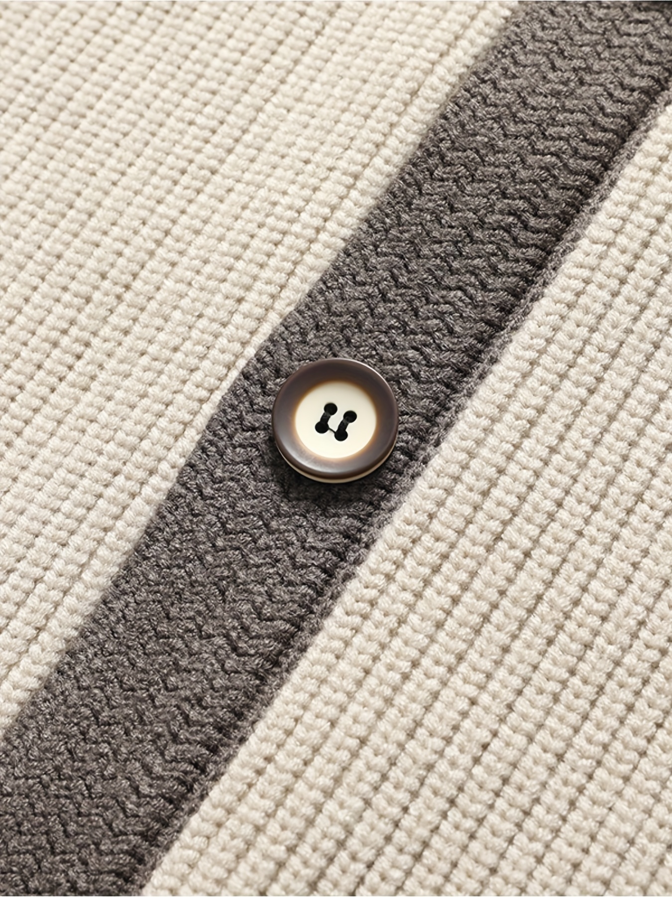 Beige & Grey Contrast Collar Waffle-Knit Cardigan