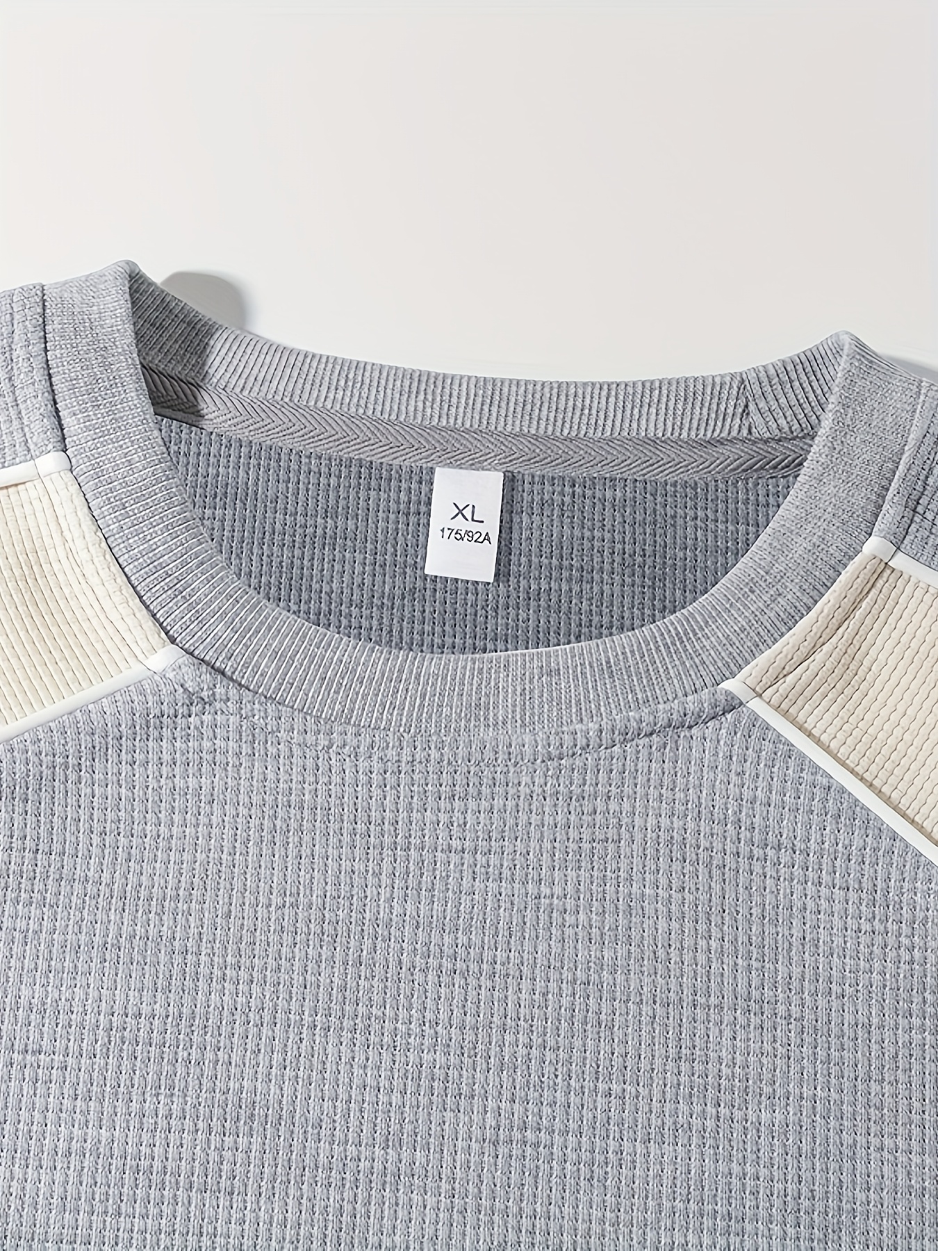 Grey & Beige Waffle-Knit Color Block Crewneck Sweatshirt