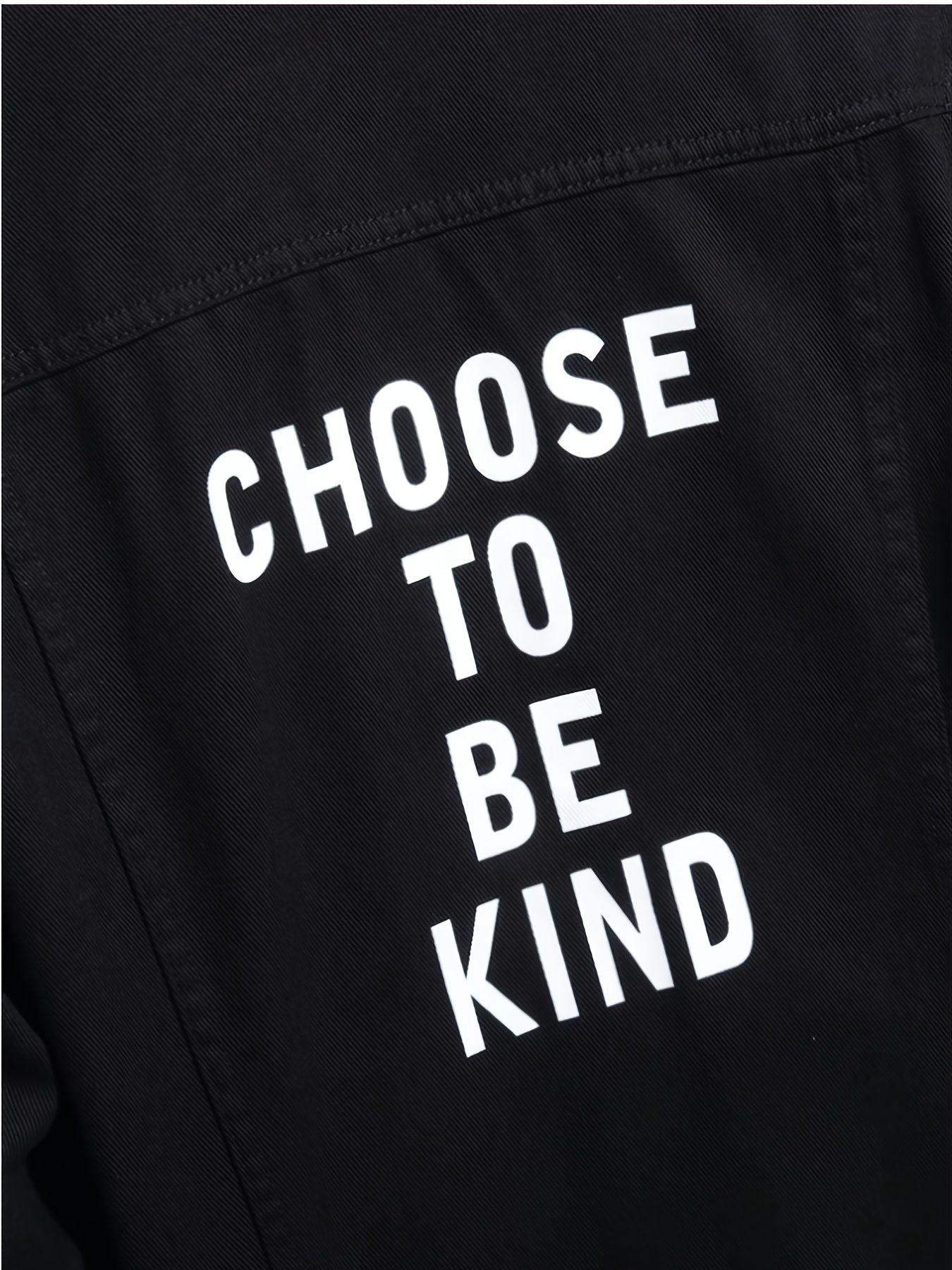 Black Distressed Denim Jacket with "CHOOSE TO BE KIND" Graphic
