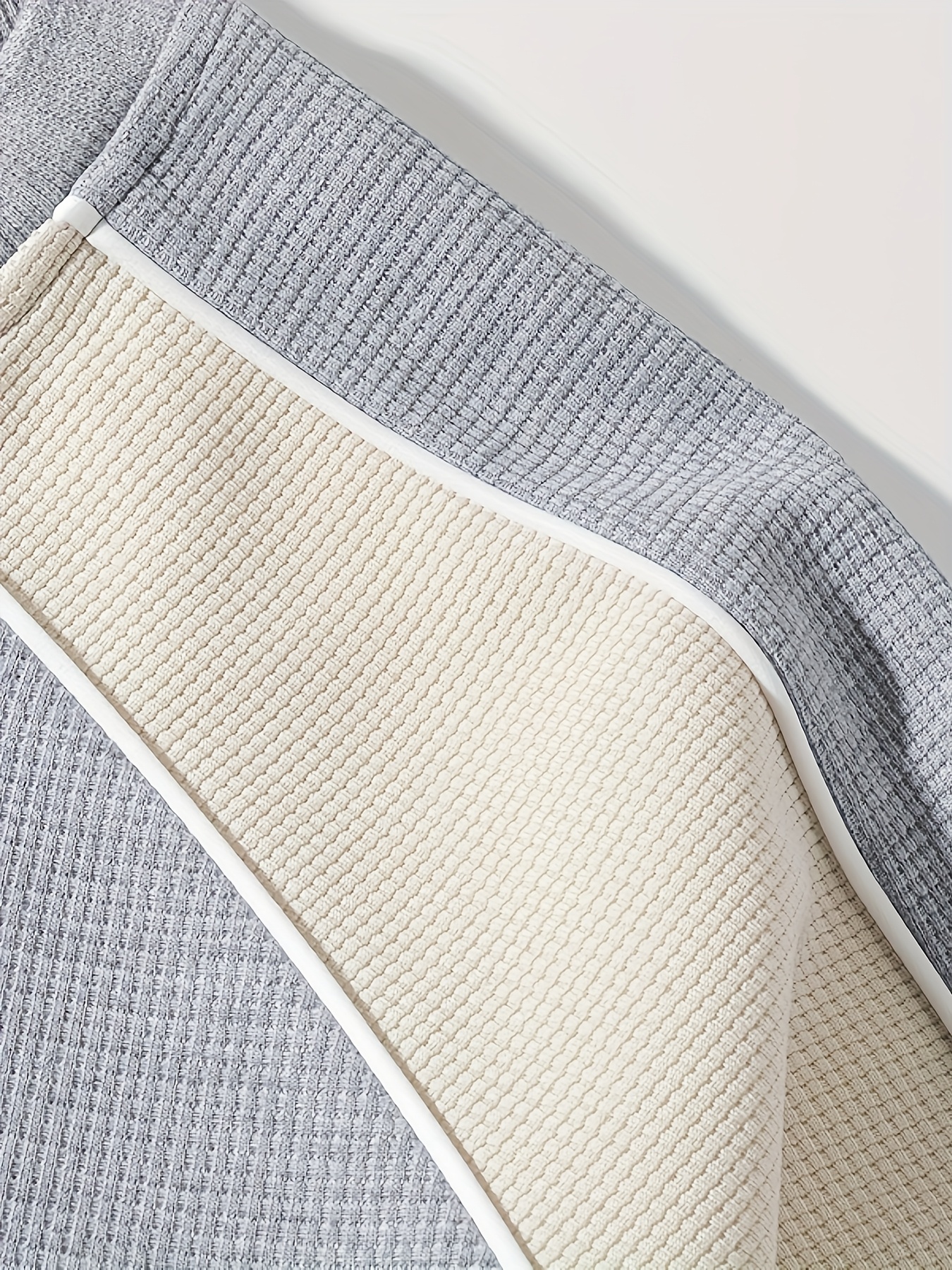 Grey & Beige Waffle-Knit Color Block Crewneck Sweatshirt