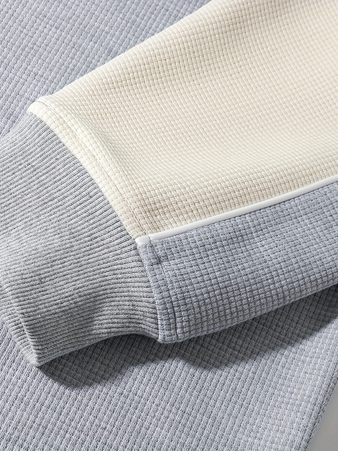 Grey & Beige Waffle-Knit Color Block Crewneck Sweatshirt