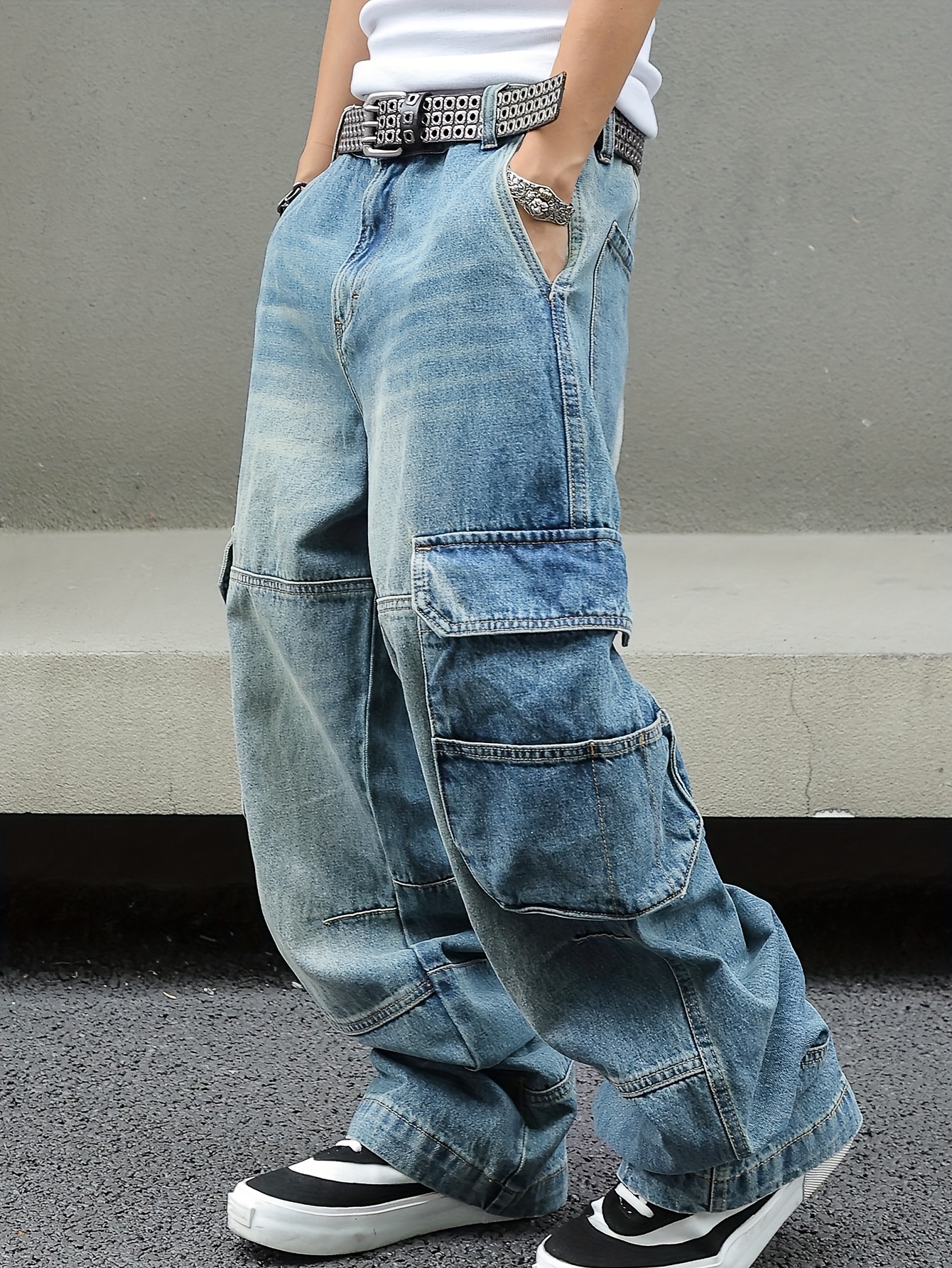 Vintage Washed Blue Cargo Baggy Jeans