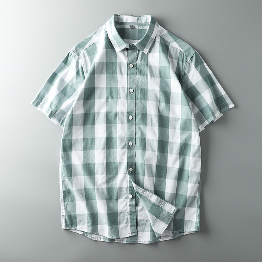 Checkered Shirt Men Summer Thin Cotton Semi-Sleeve Shirt
