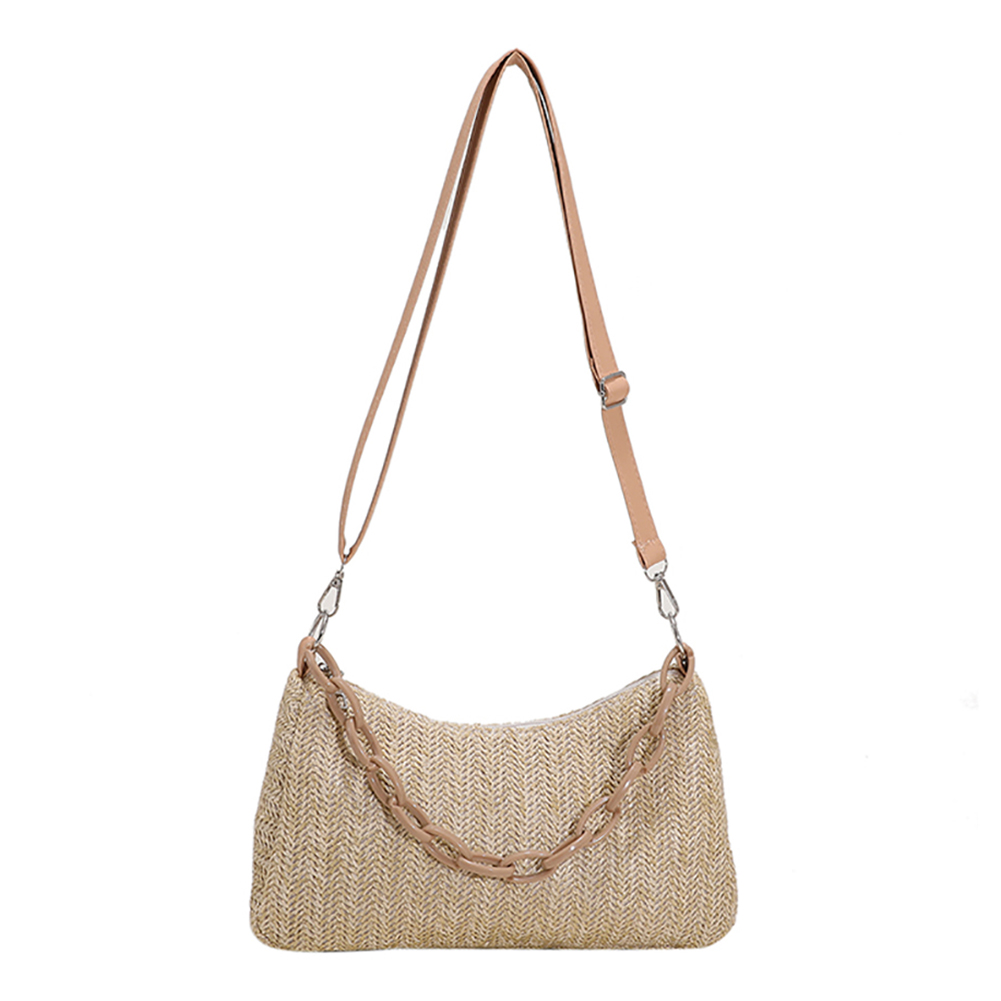 Straw Women Shoulder Bag Hand-Woven Acrylic Chain Crossbody Handbag (Khaki)