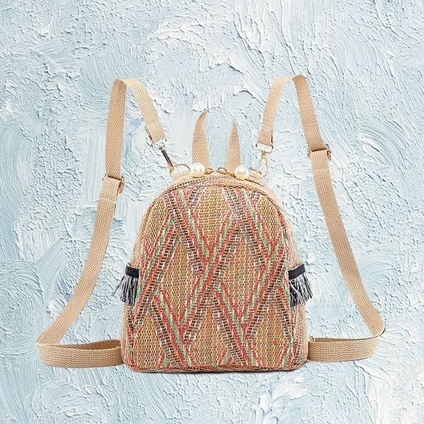 Women Straw Backpack Rucksack Geometric Tassel Travel Bag Girls Student Bags Casual Zipper Softback Backpack